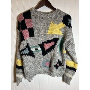 Women’s vintage 90s sweater hand knitted geometric size large gray, pink, yellow